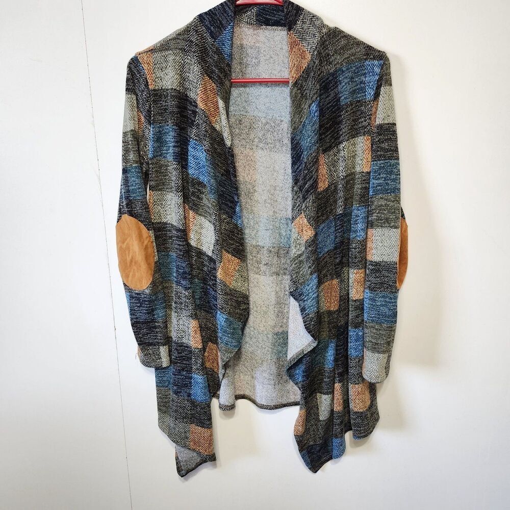 Plaid Draped Open Front Cardigan Faux Suede Elbow Patches Small Boho Chic